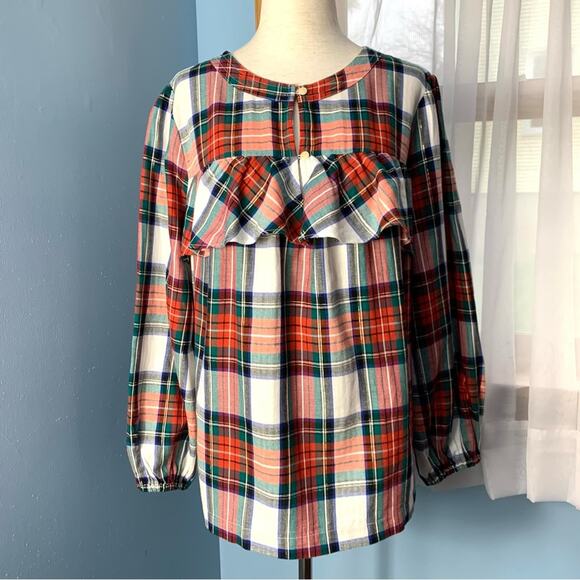 J. Crew Snowy Tartan Plaid Ruffle Popover Top Size Medium - Picture 8 of 9